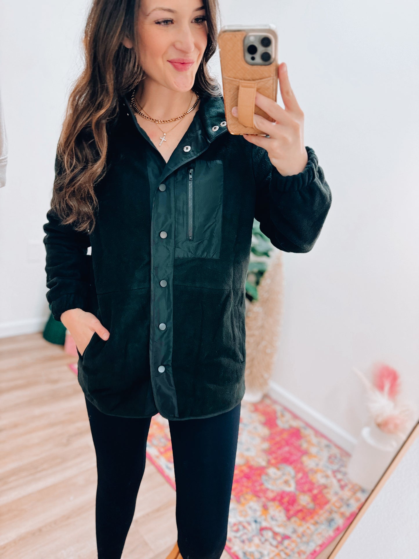 Black Snap Button Contrast Pocket Jacket