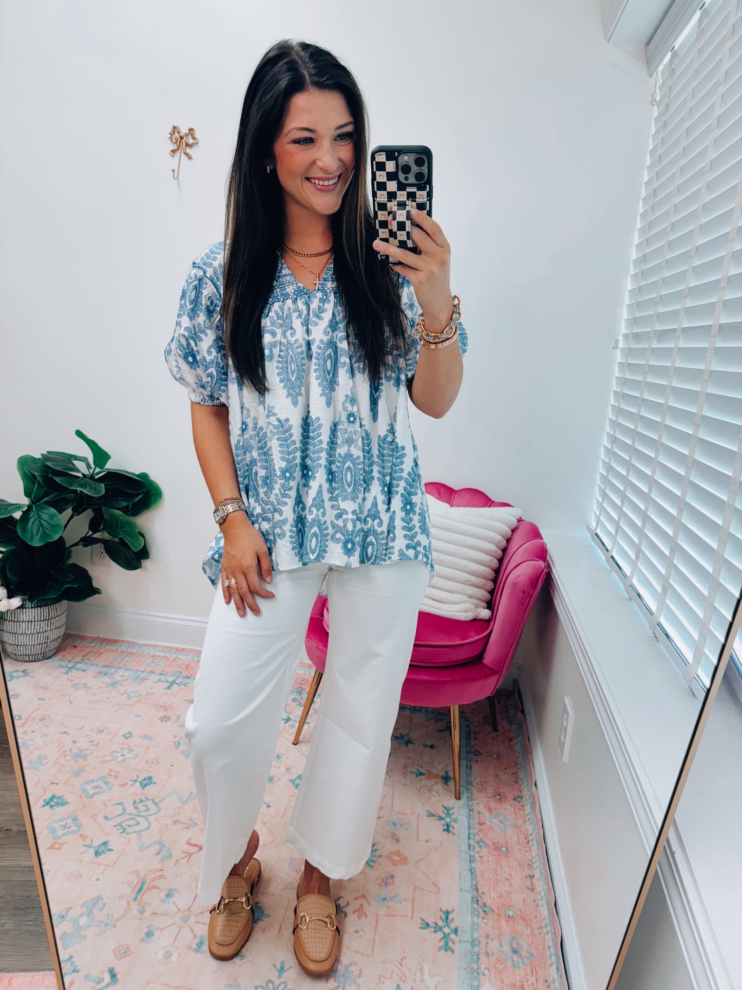 Lolli Smocked Blue Print Top