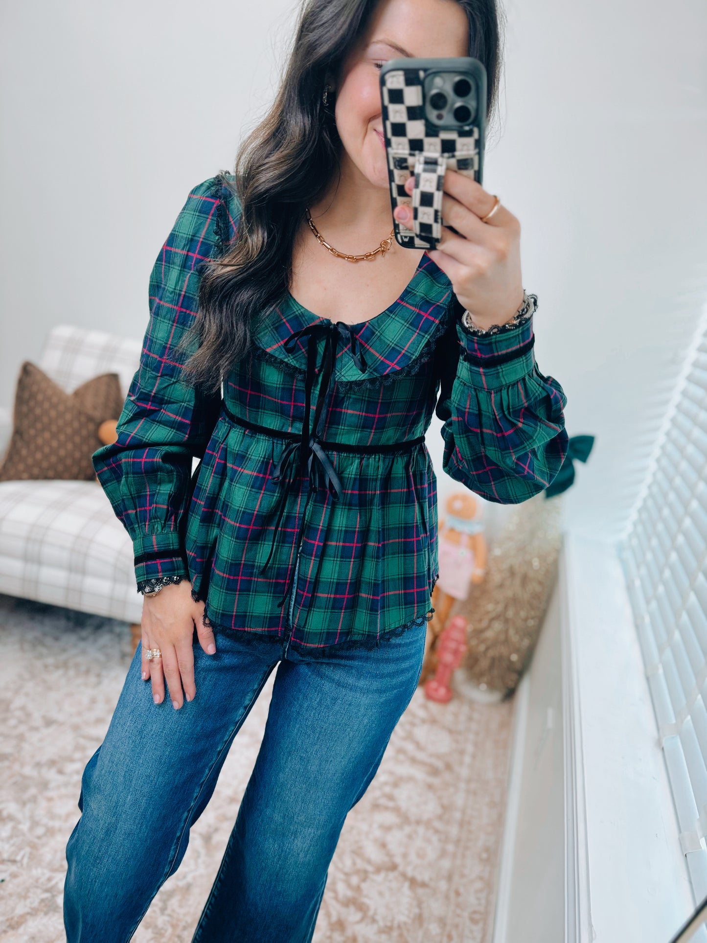 Plaid Velvet Trim Holiday Top