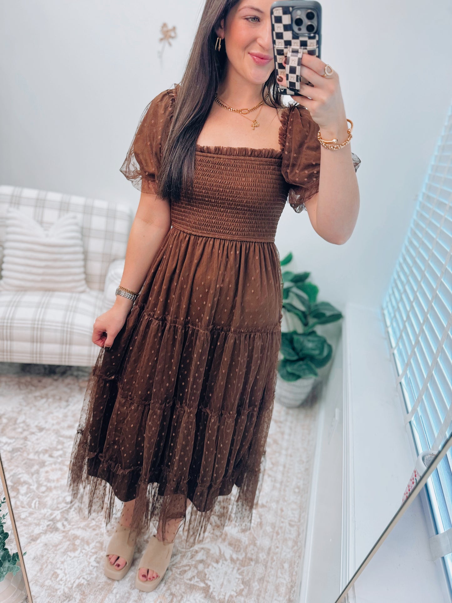 Chestnut Frill Dotted Midi Dress
