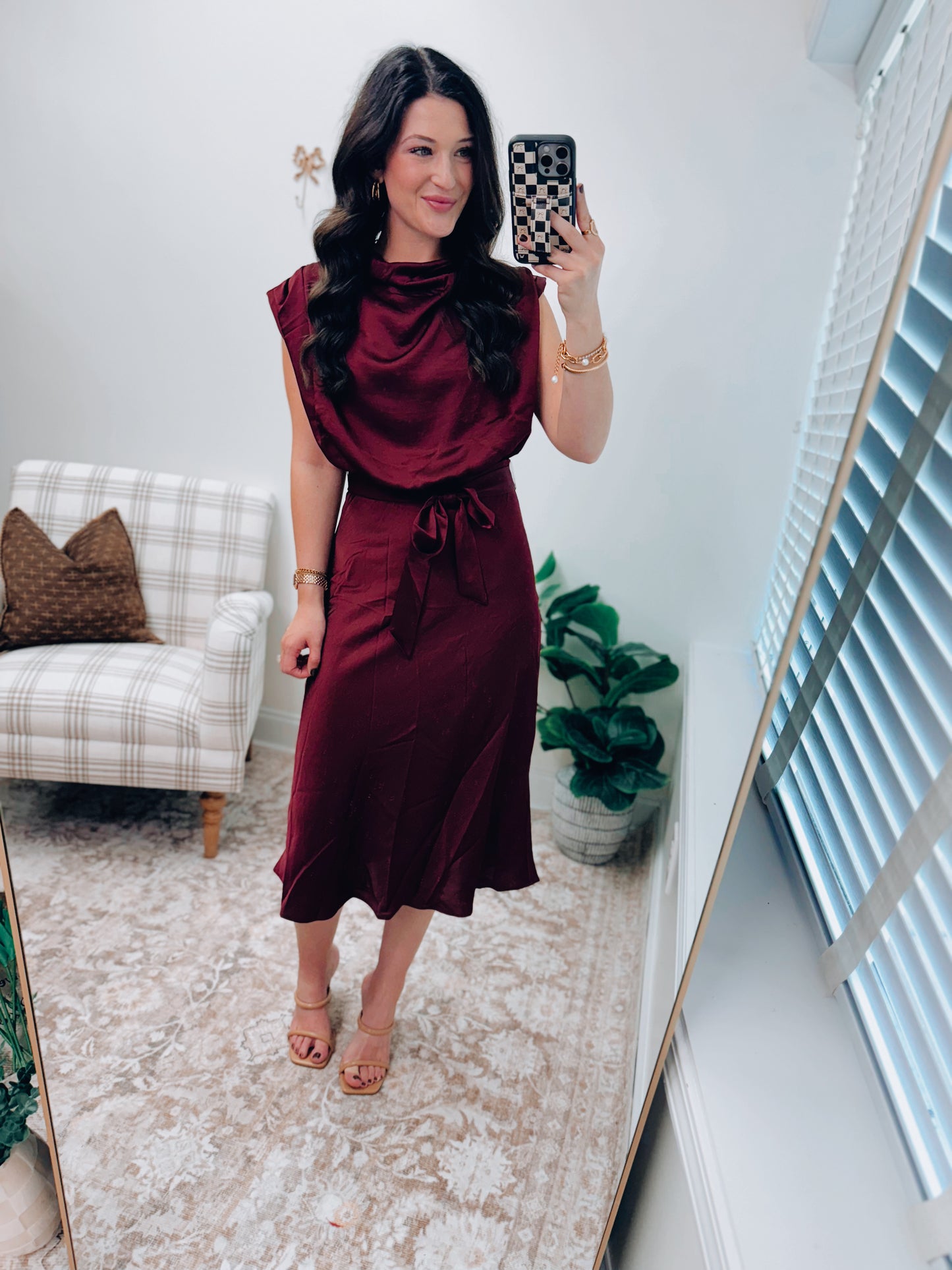 Maven Satin Cowl Neck Midi Dress - Burgundy