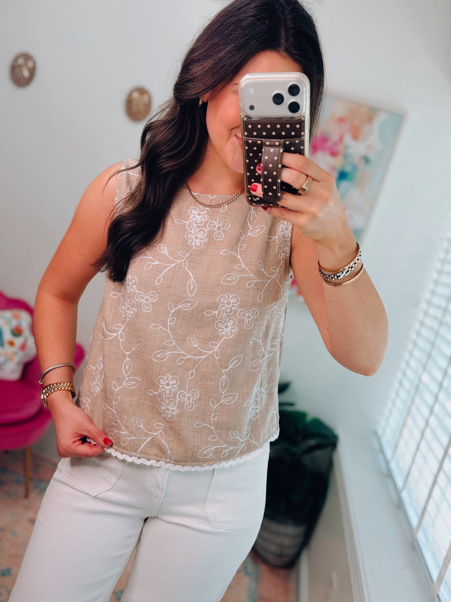 Embroidered Sand Scallop Top