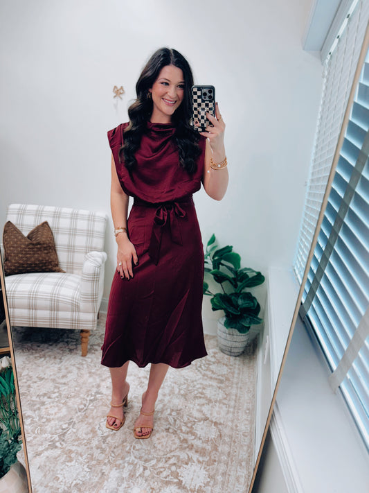 Maven Satin Cowl Neck Midi Dress - Burgundy