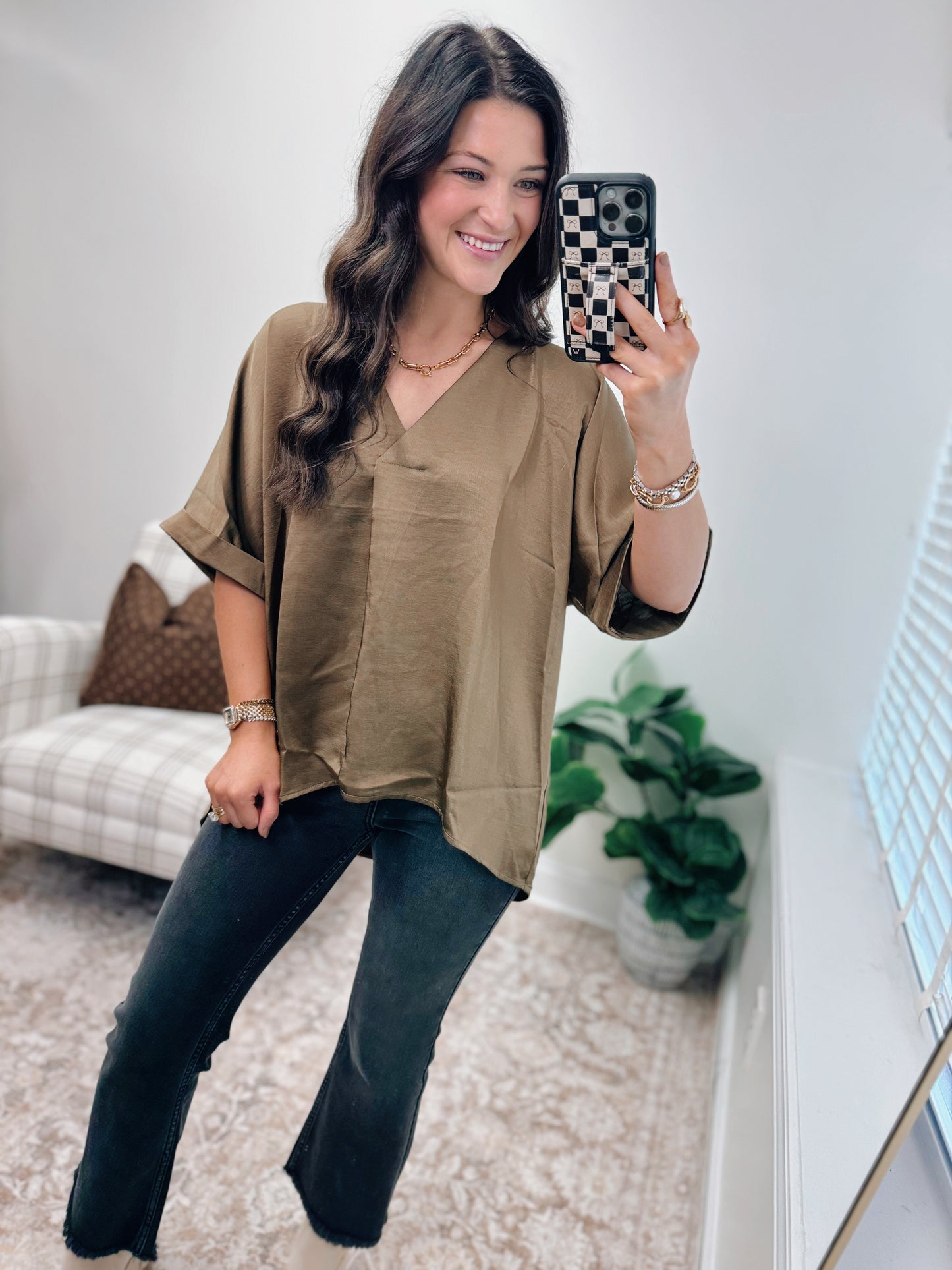Grove Oversized Satin Top - Olive