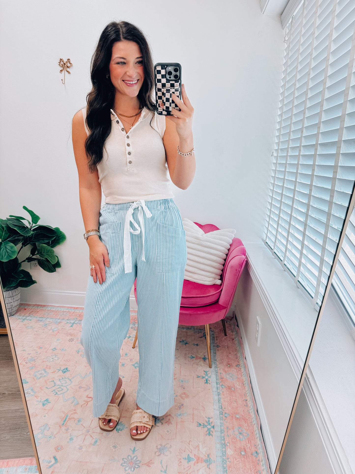Striped Wide-Leg Tie Denim Pants