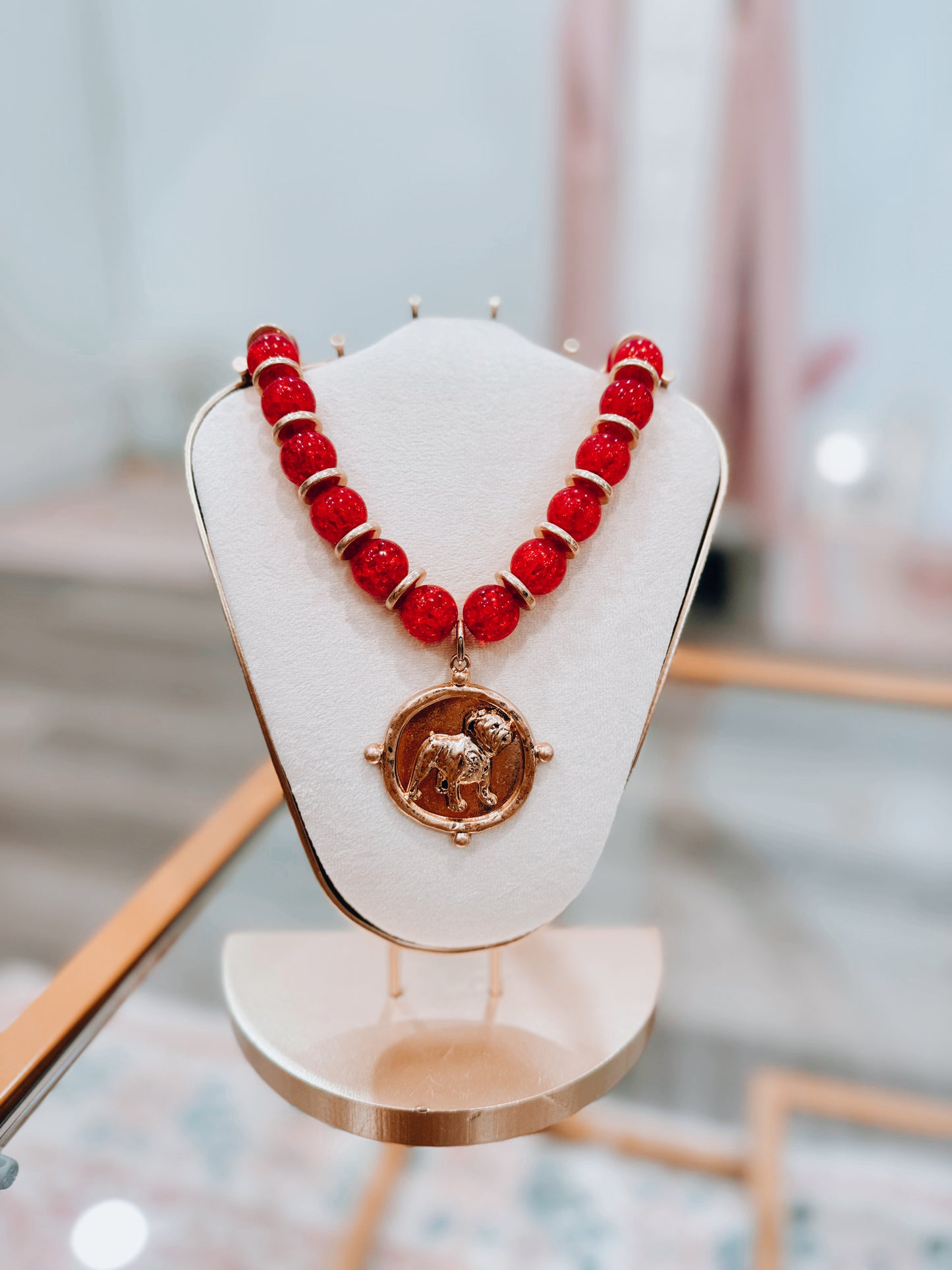 Chunky Chain Bulldog Coin Necklace - Red