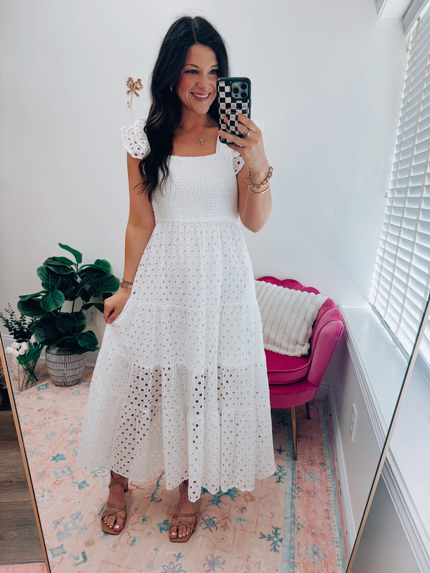 Harlow Eyelet Smocked Midi Dress