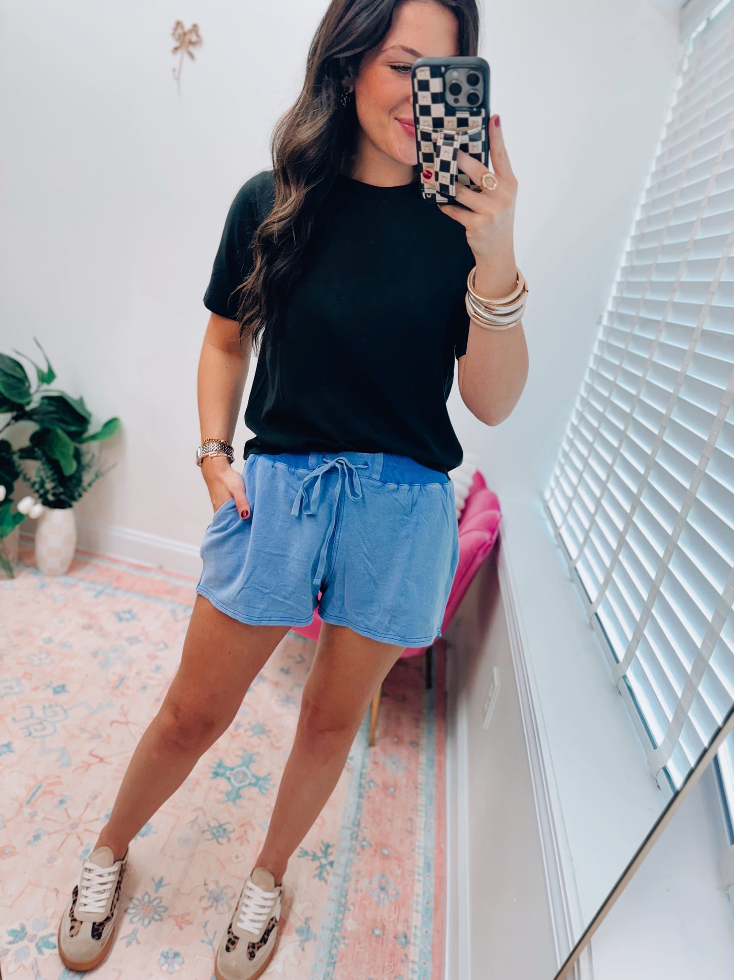 Mineral Washed Ribbed Patch Shorts - Blue