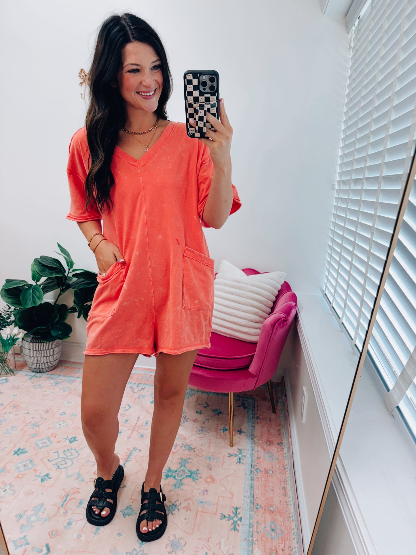 Mineral Washed Oversized Casual V Knit Romper - Coral