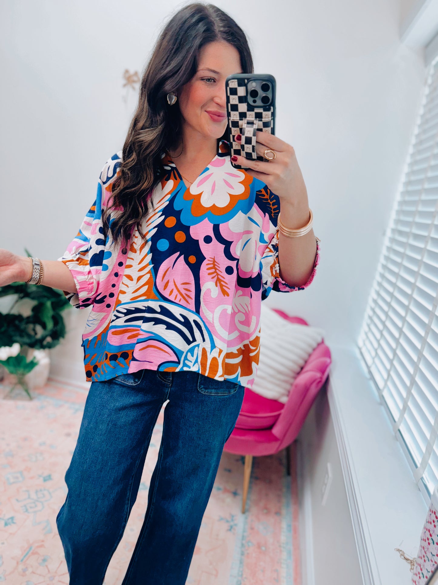 Navy Mix Abstract Top