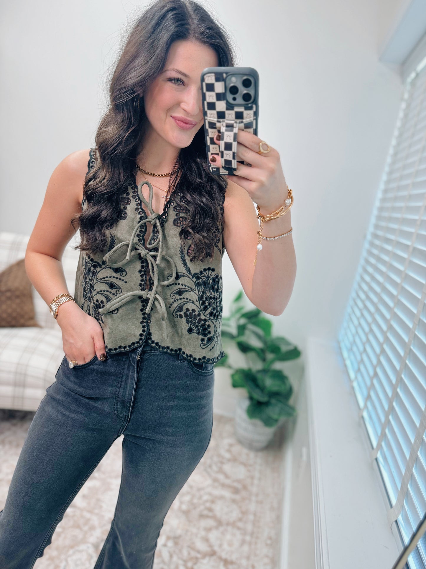 Olive Suede Crochet Suede Vest