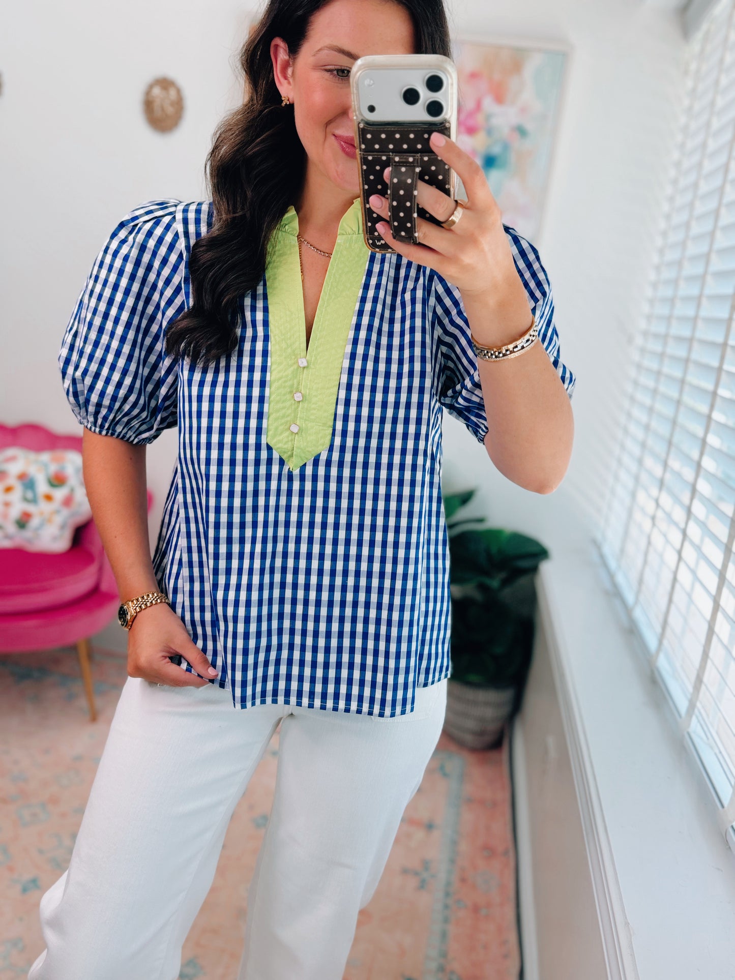 CURVY Indigo Checkered Lime Collar Top