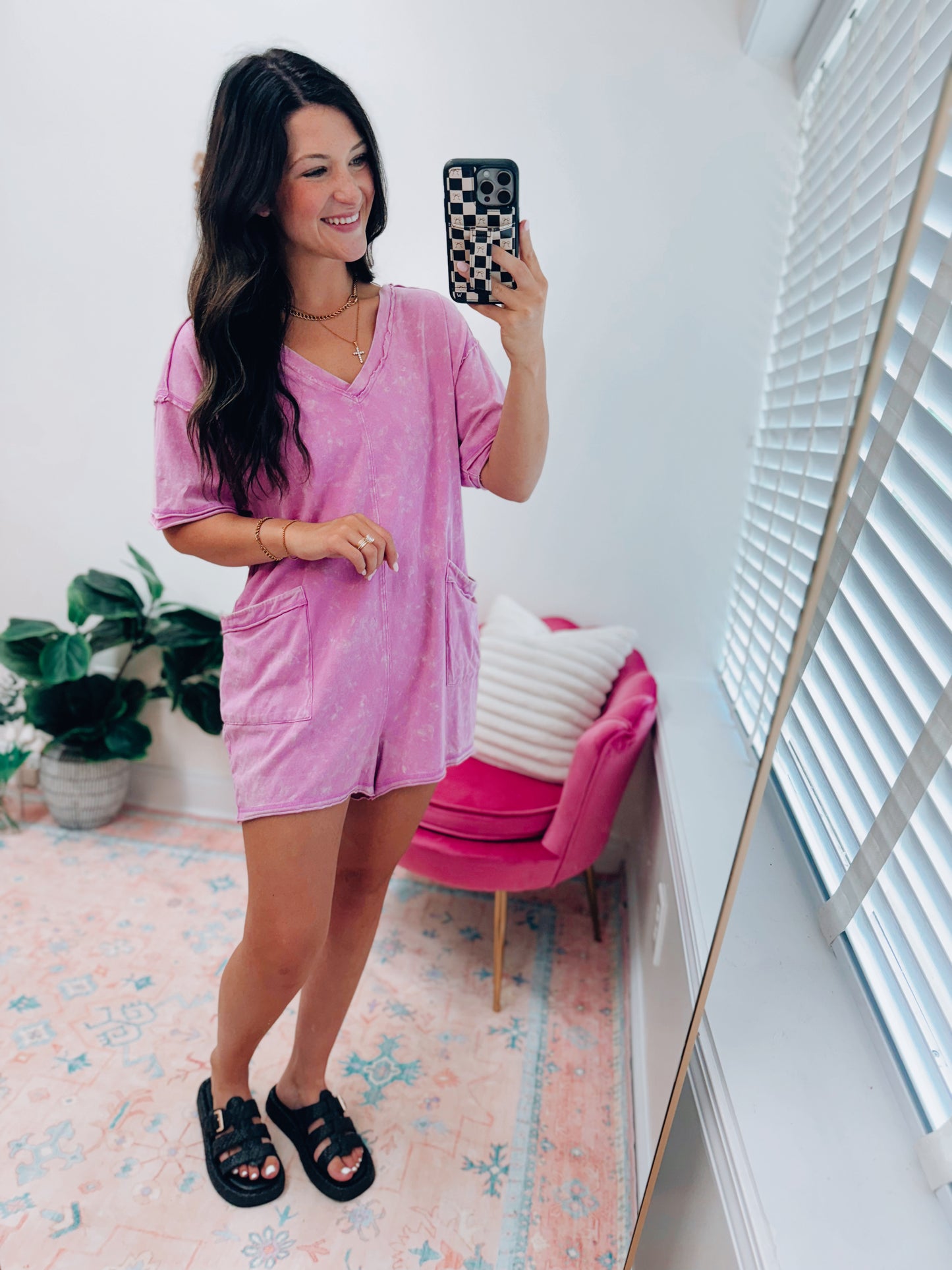 Mineral Washed Oversized Casual V Knit Romper - Orchid