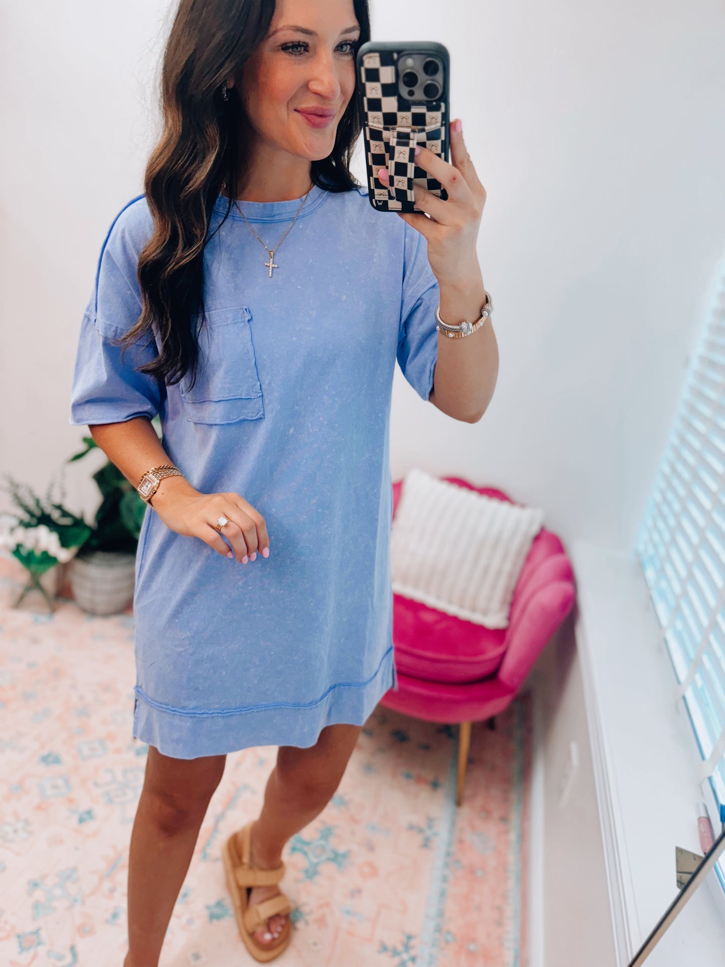 Easy Going Mineral Wash Tee Dress - Blue