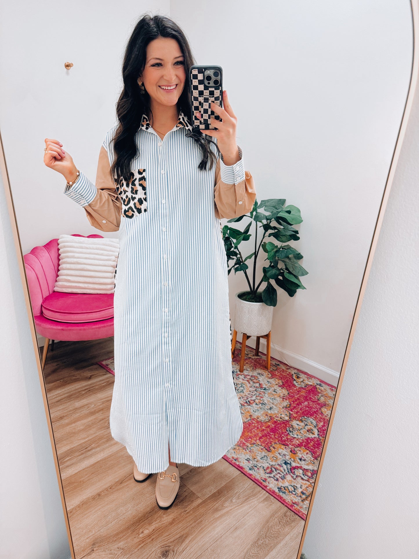 Leopard Mix Button Midi Dress