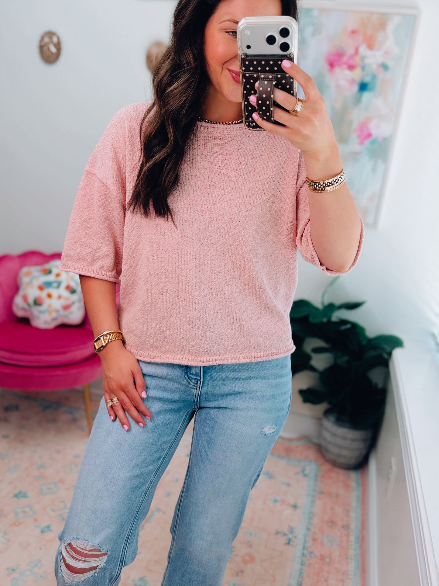 Harlow Knit Raw Edge Top - Pink