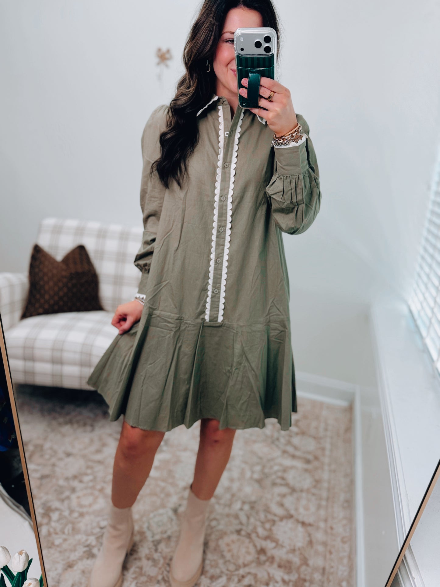 Poplin Scallop Trimmed Mini Dress