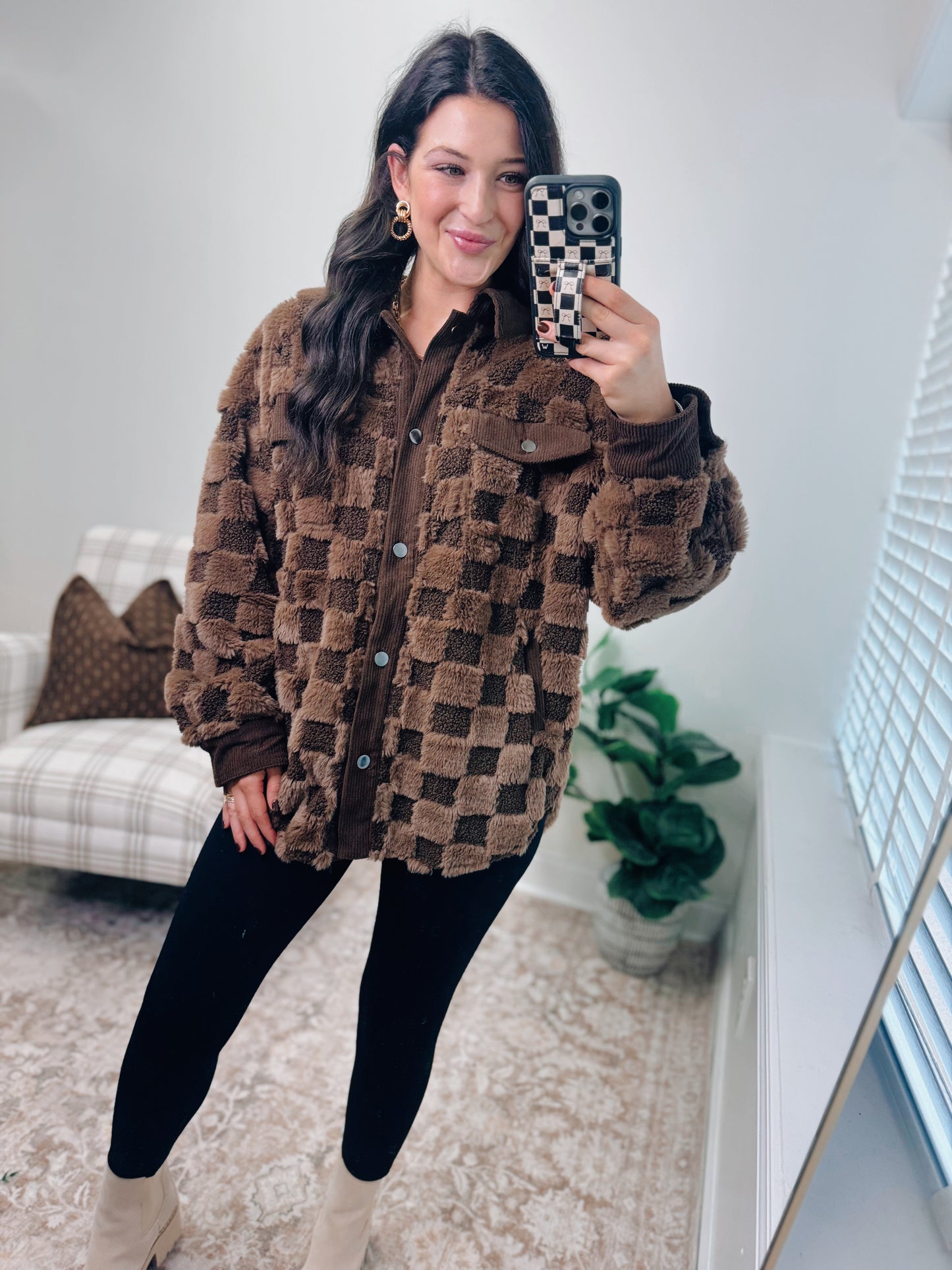 Chocolate Checkered Shearling Shacket