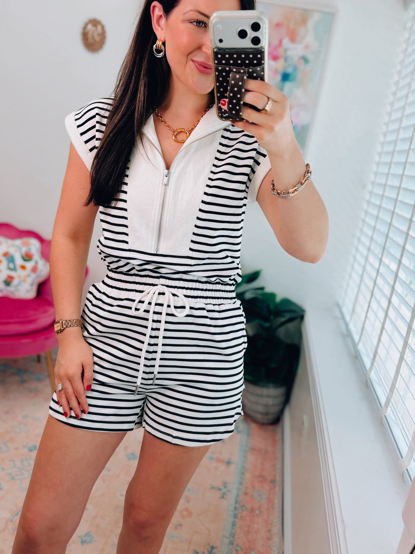 Half Zip Striped Romper