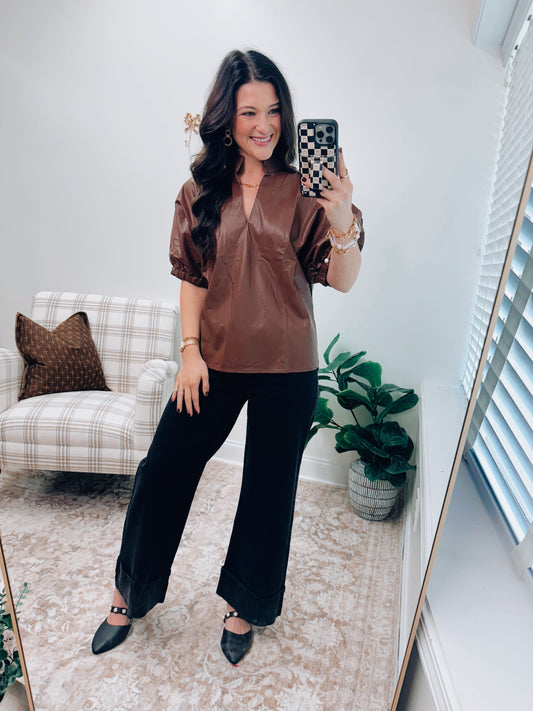 Tilly Faux Leather Top - Brown
