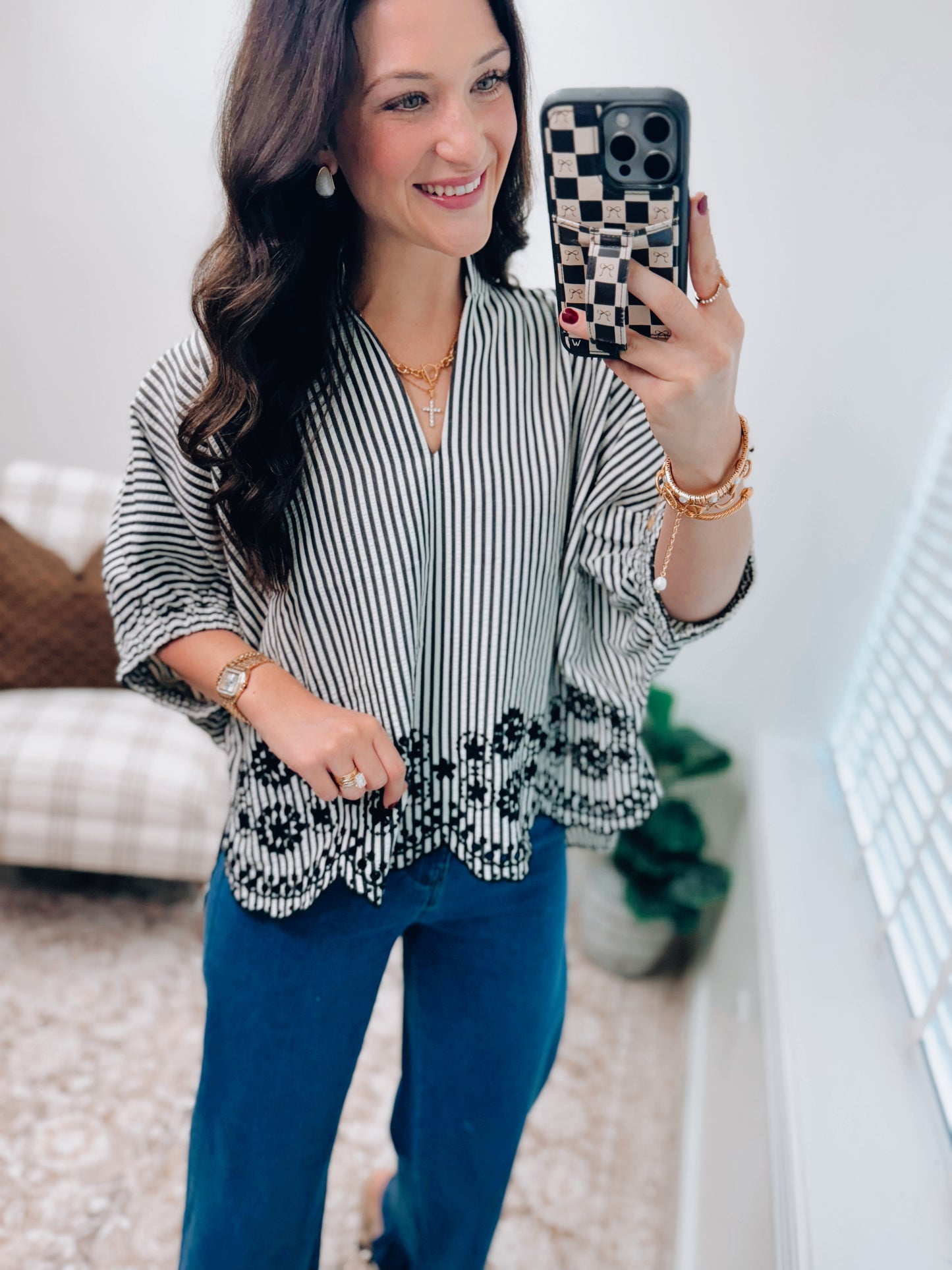 CURVY Lennon Striped Eyelet Dolman Top - Black