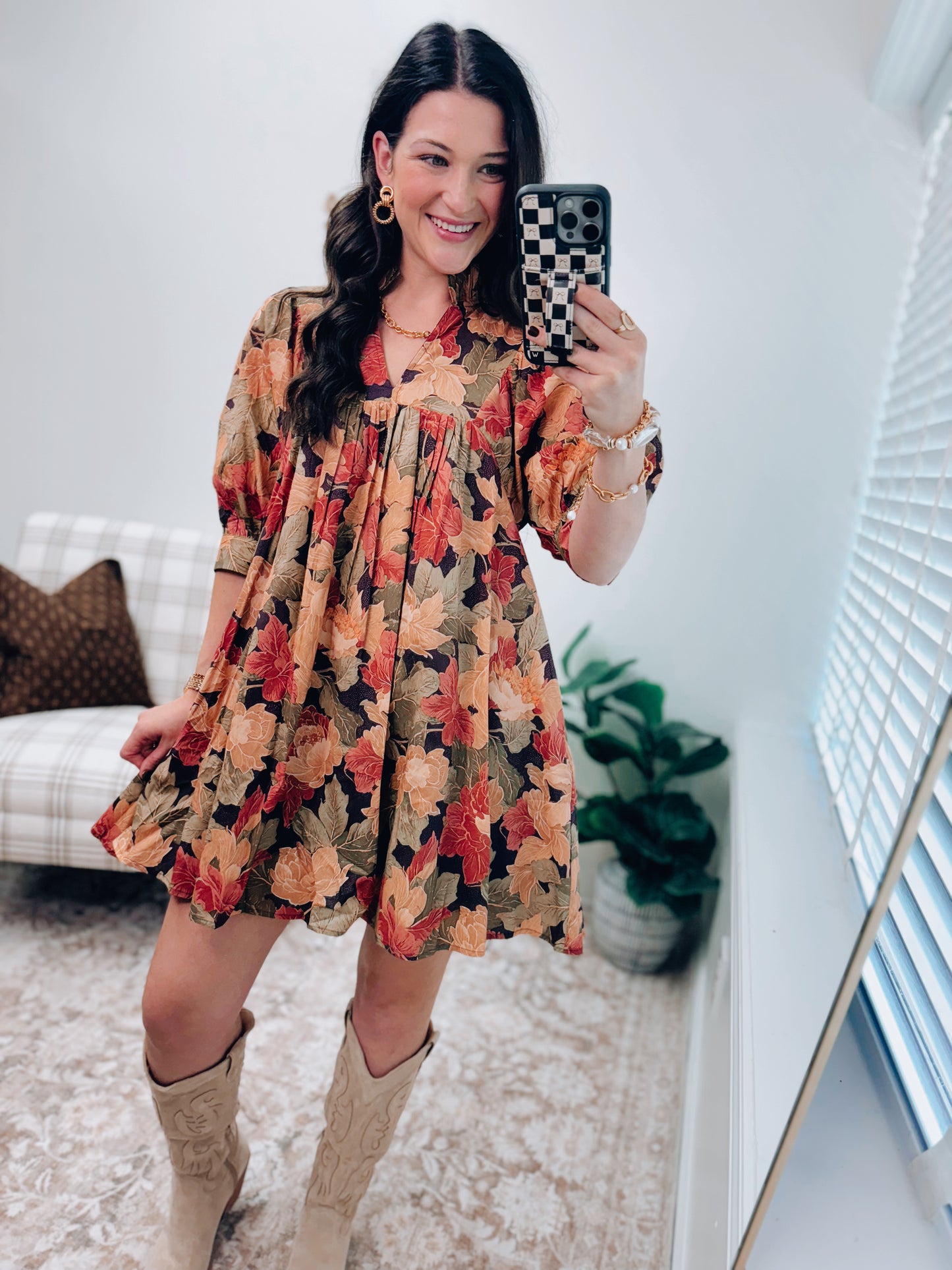 Tate Leaf Pleated Fall Mini Dress