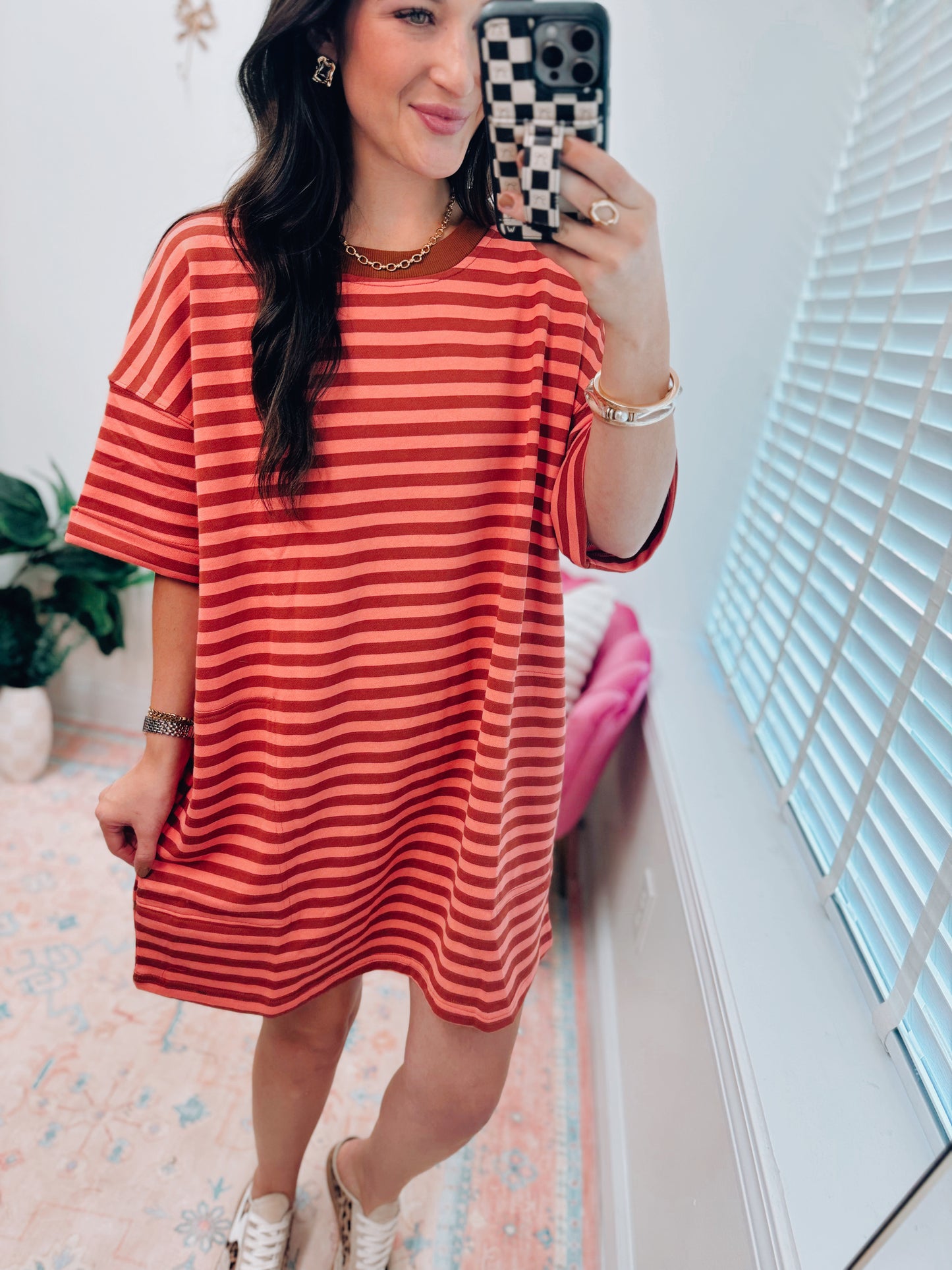 Stripe Knit Pullover Tee Dress - Rust