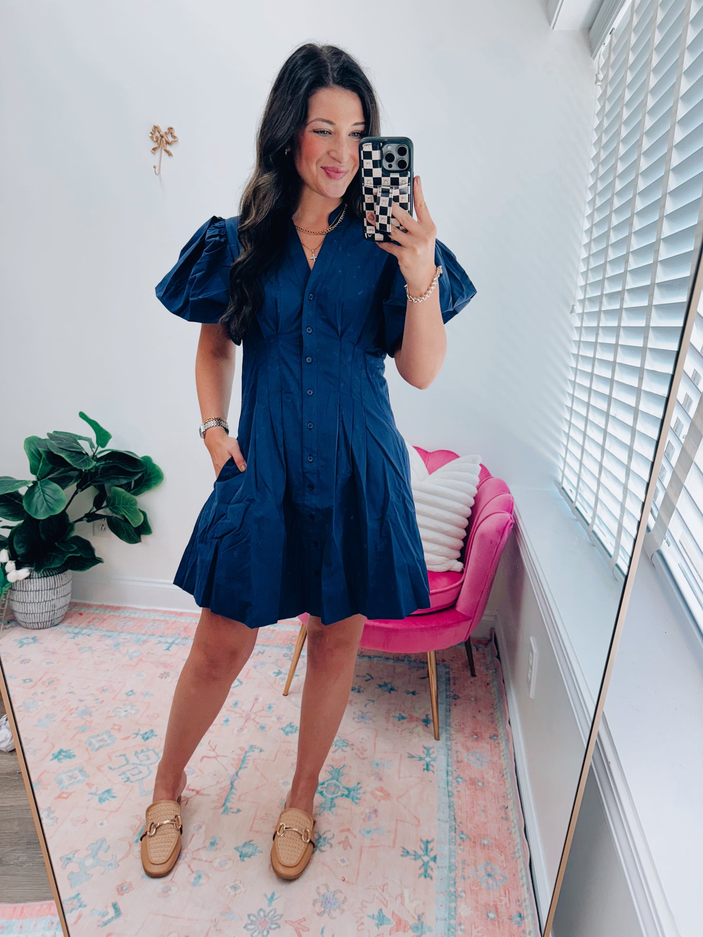 Navy Pleated Button Mini Dress