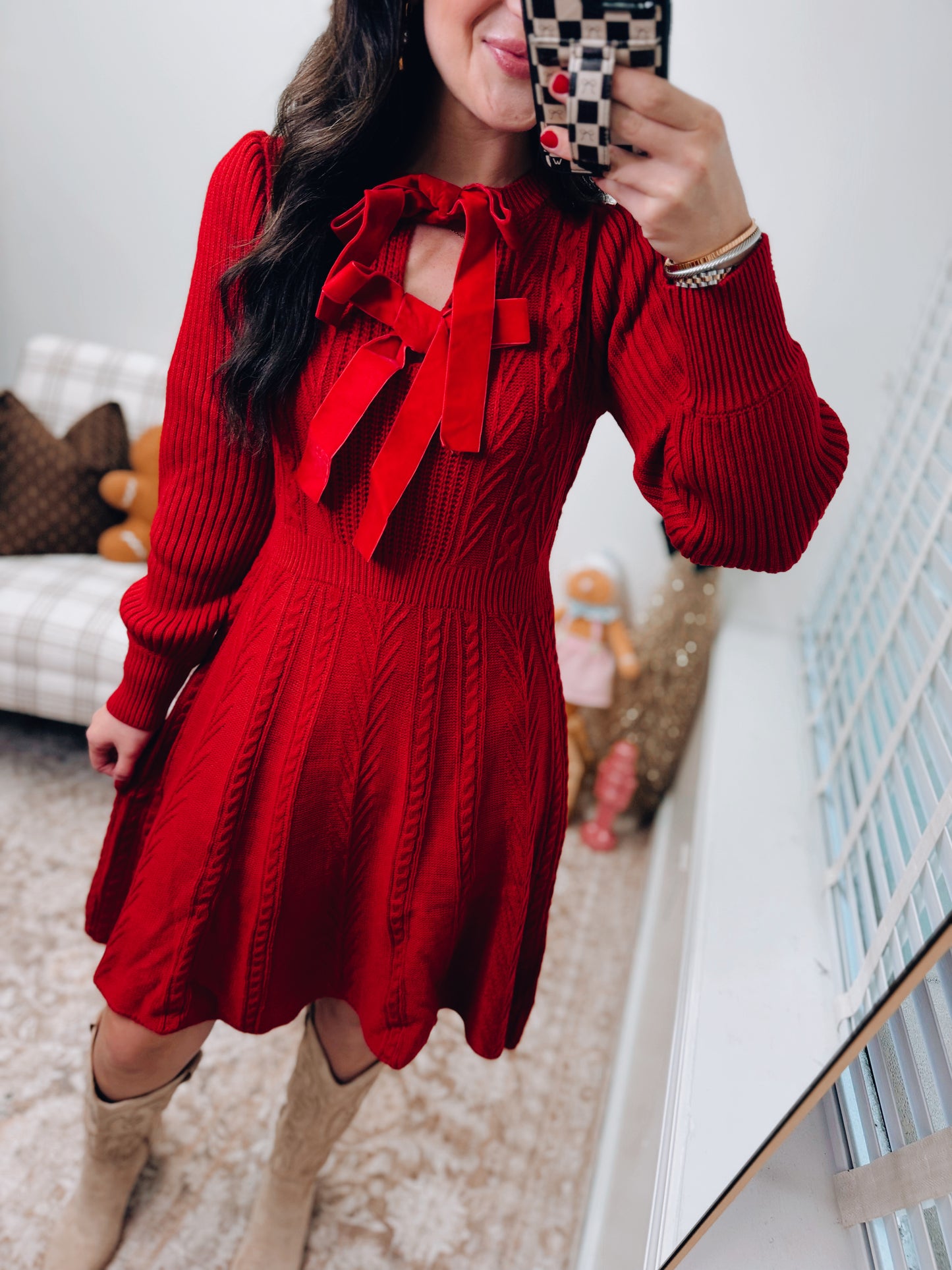 Velvet Bows Cable Mini Sweater Dress