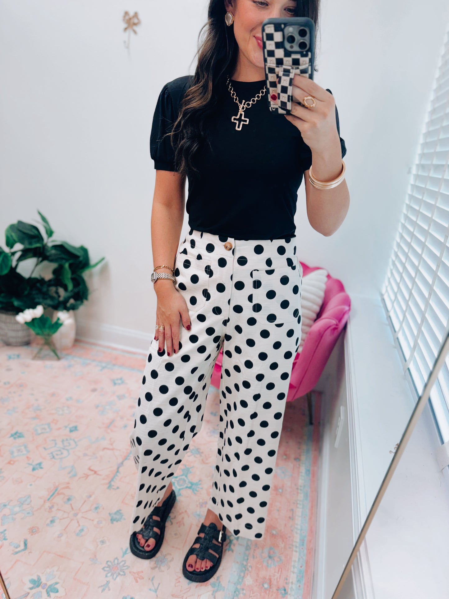 Polka Dot Linen Front Pocket Pants