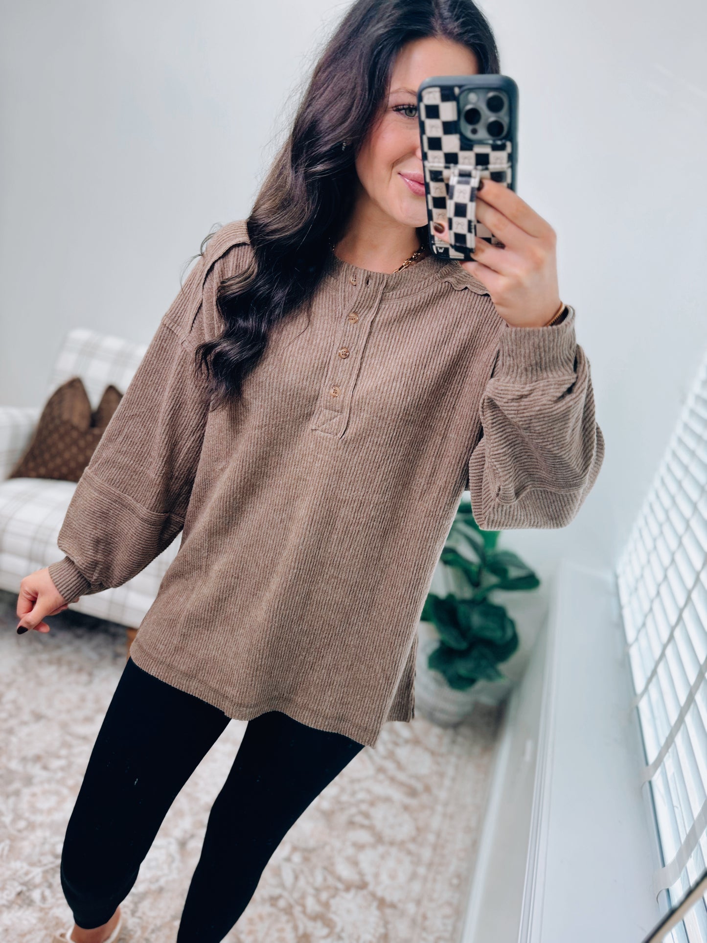 CURVY | DOORBUSTER Button Brushed Ribbed Sweater - Mocha