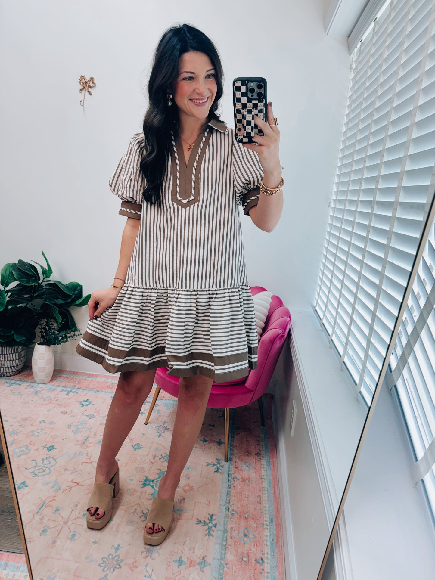 Mocha Mousse Striped Mini Dress