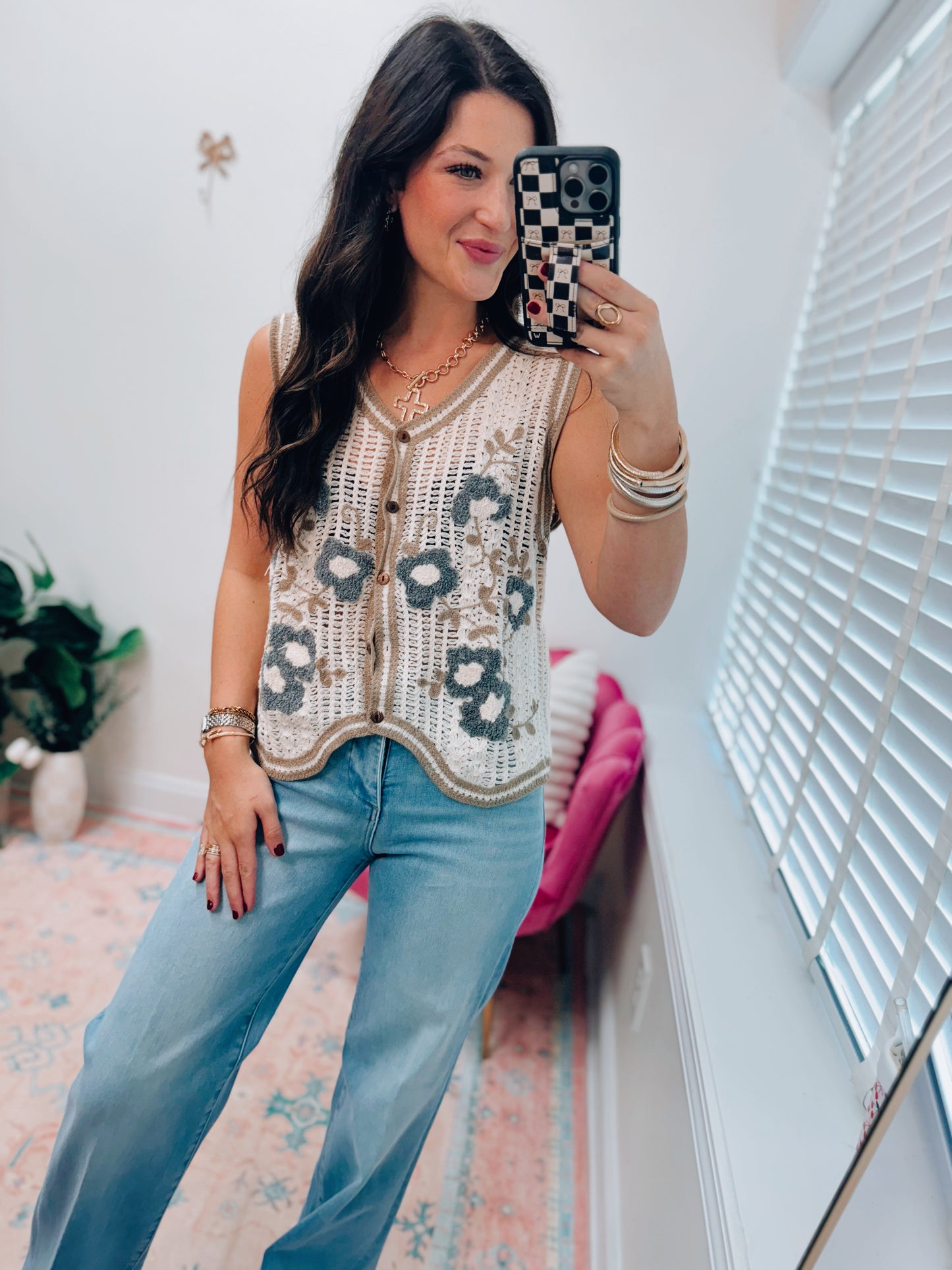 Floral Crochet Knit Sweater Vest