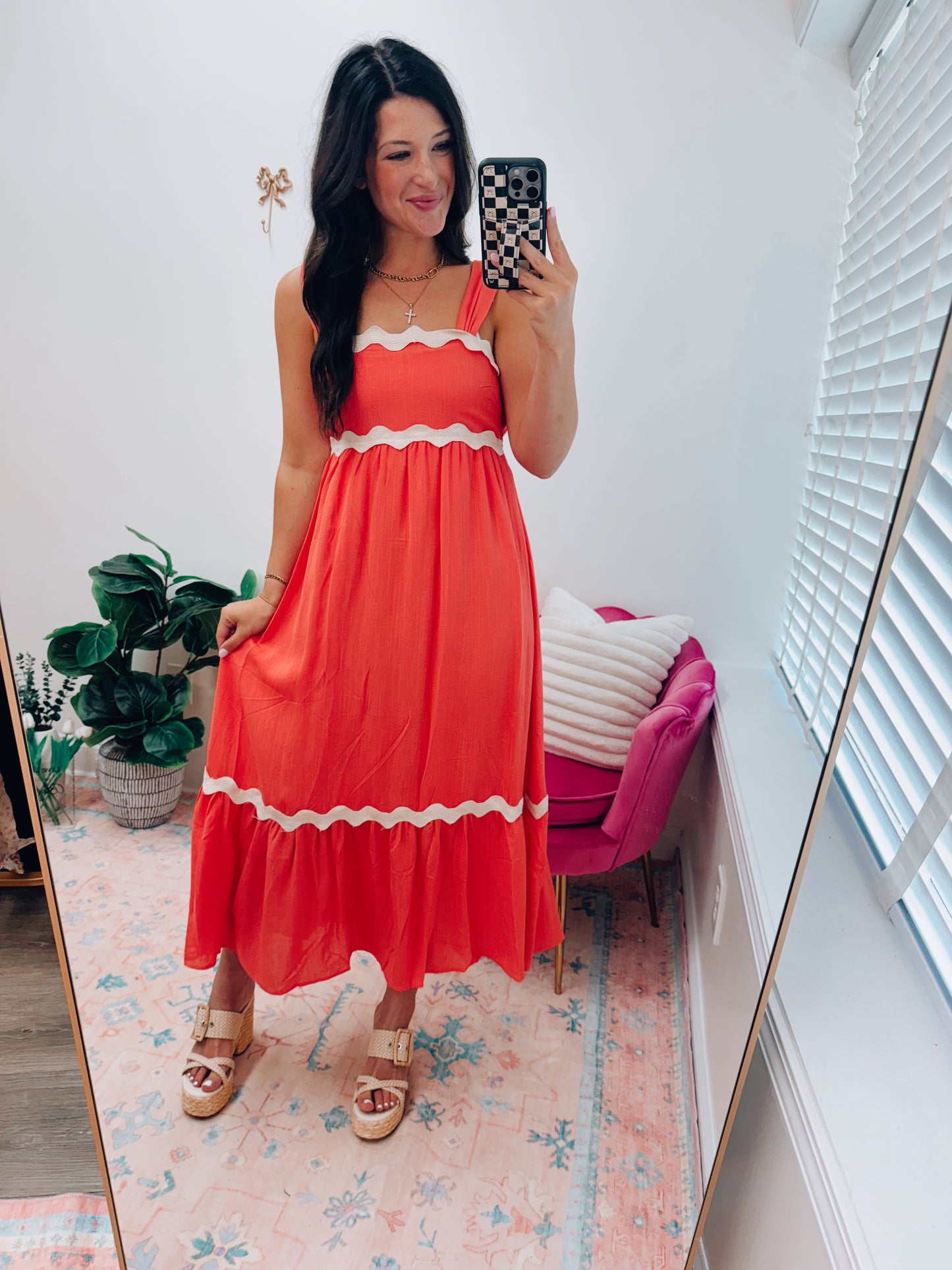 Coral Scallop Trim Midi Dress