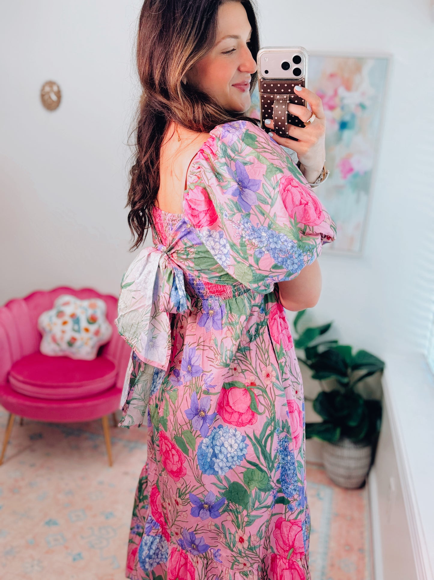 Pink Hydrangea Midi Dress