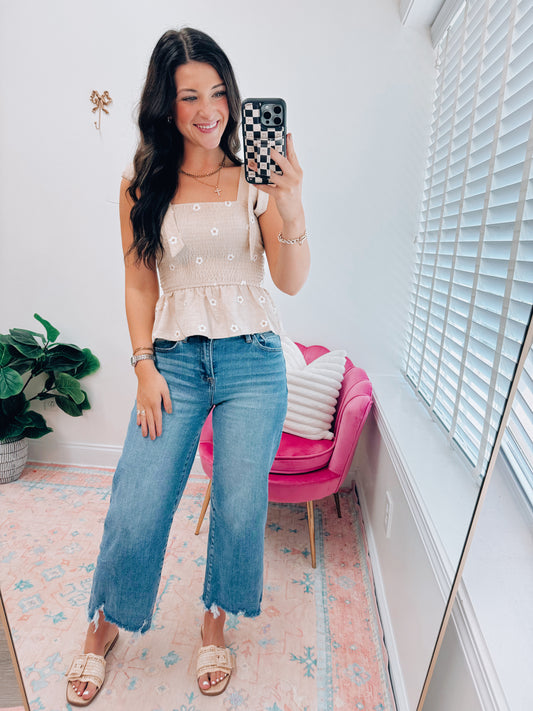 Smocked Embroidered Floral Top