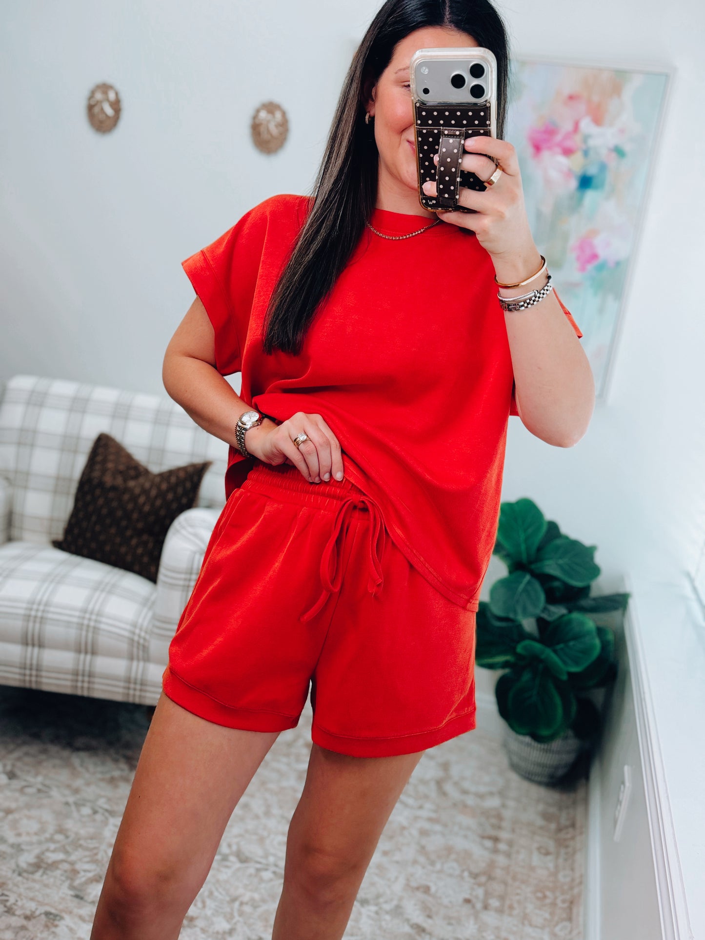 Mineral Washed Scuba Shorts Set - Red