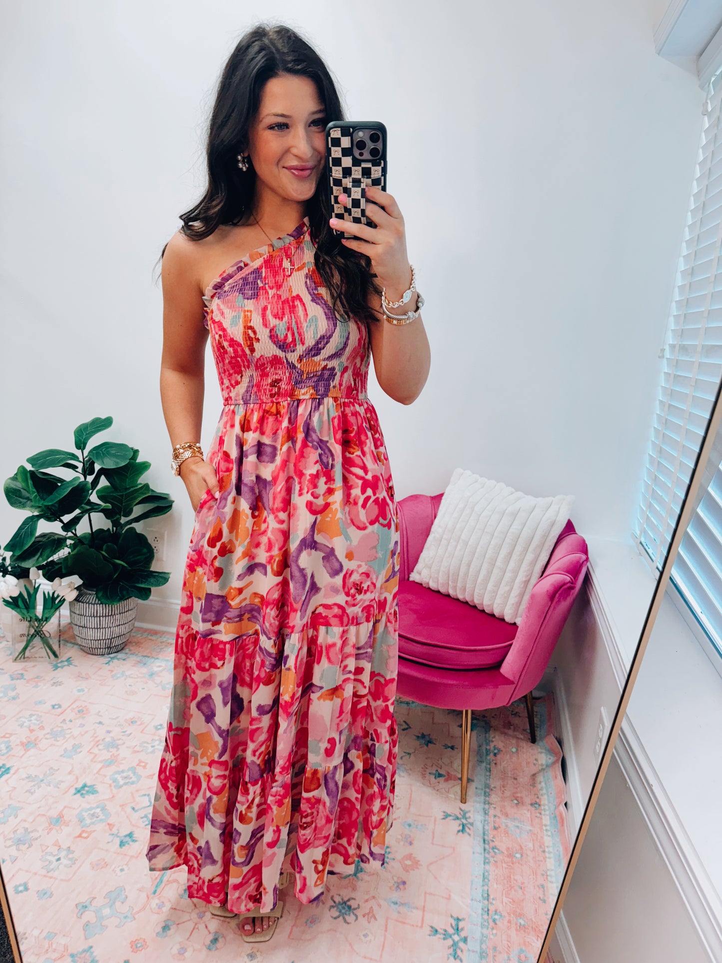 One Shoulder Smocked Abstract Maxi Dress