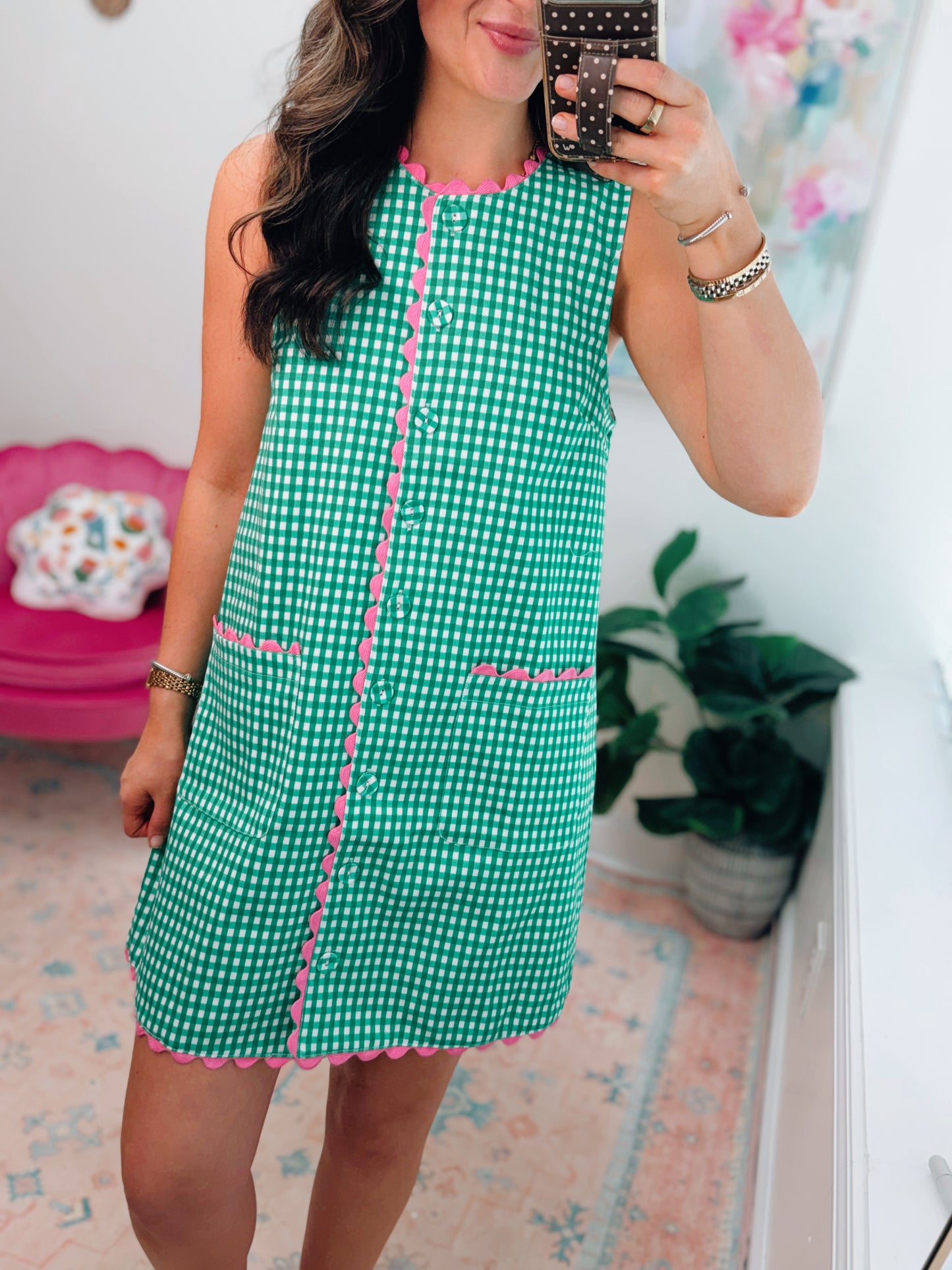 Southern Gingham Pink Scallop Mini Dress