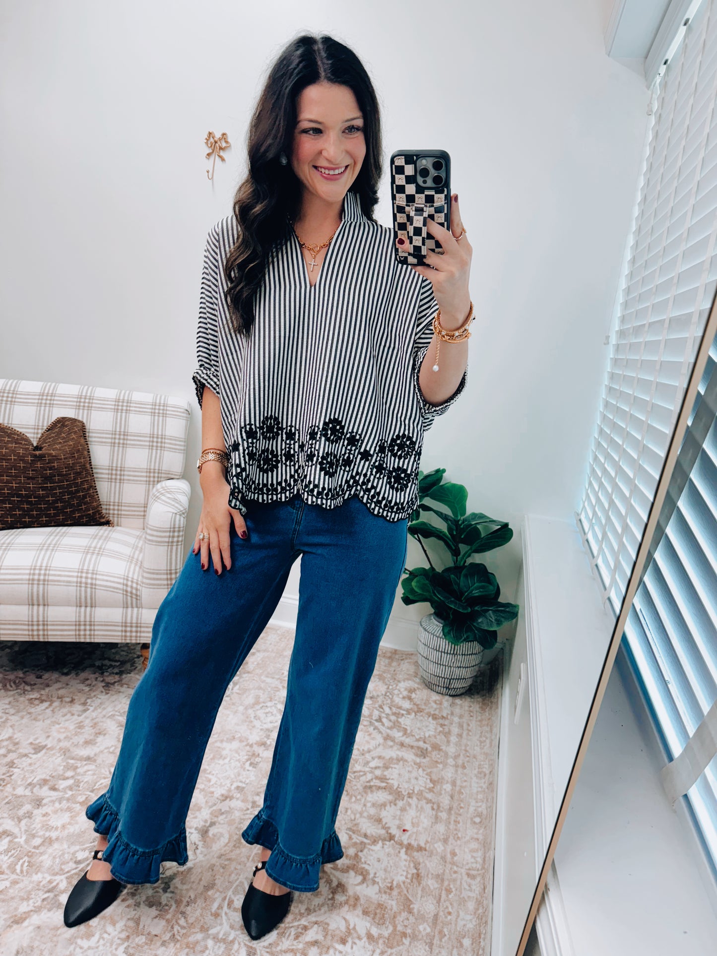 CURVY Lennon Striped Eyelet Dolman Top - Black