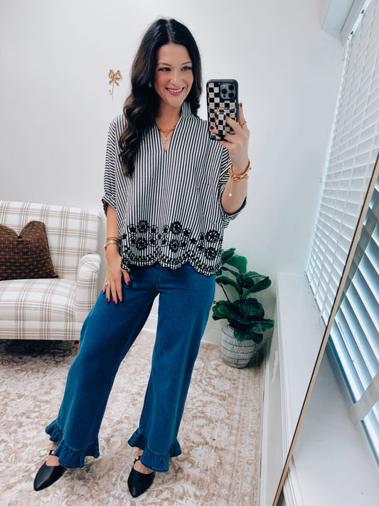 CURVY Lennon Striped Eyelet Dolman Top - Black