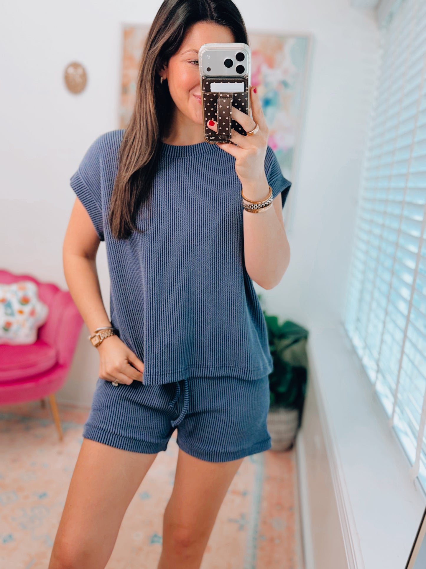 Navy Ribbed Shorts Set