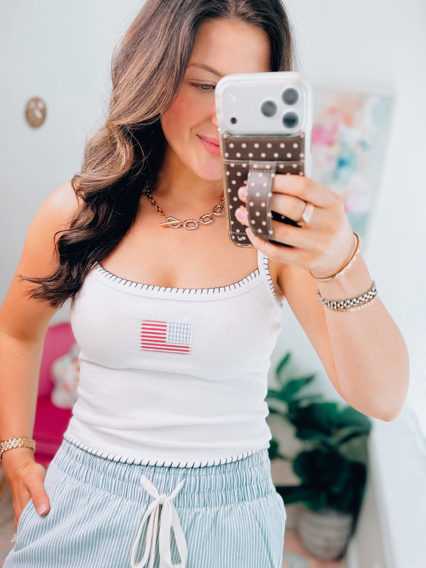 Embroidered American Flag Stitch Tank - White
