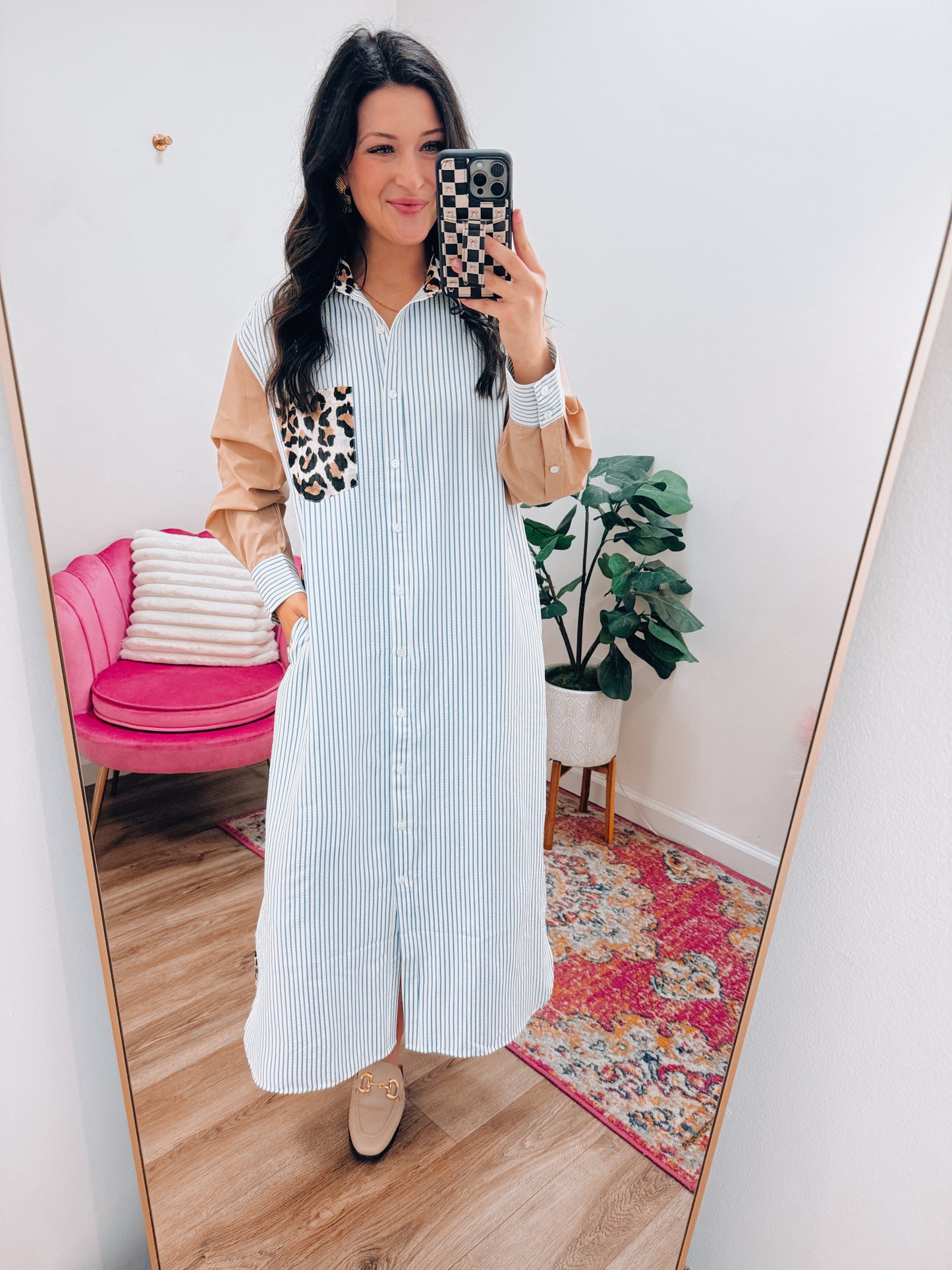 Leopard Mix Button Midi Dress