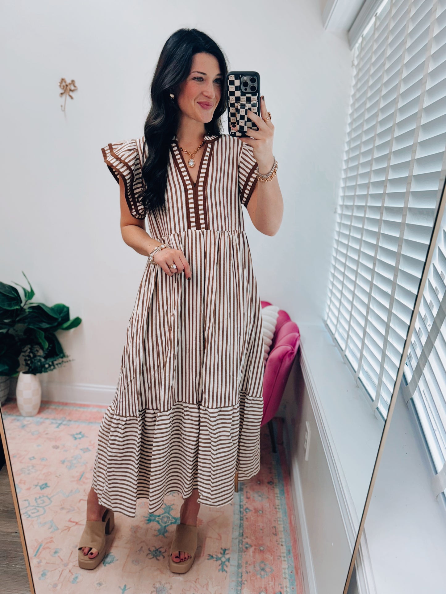 Sienna Striped Ruffle Midi Dress - Brown