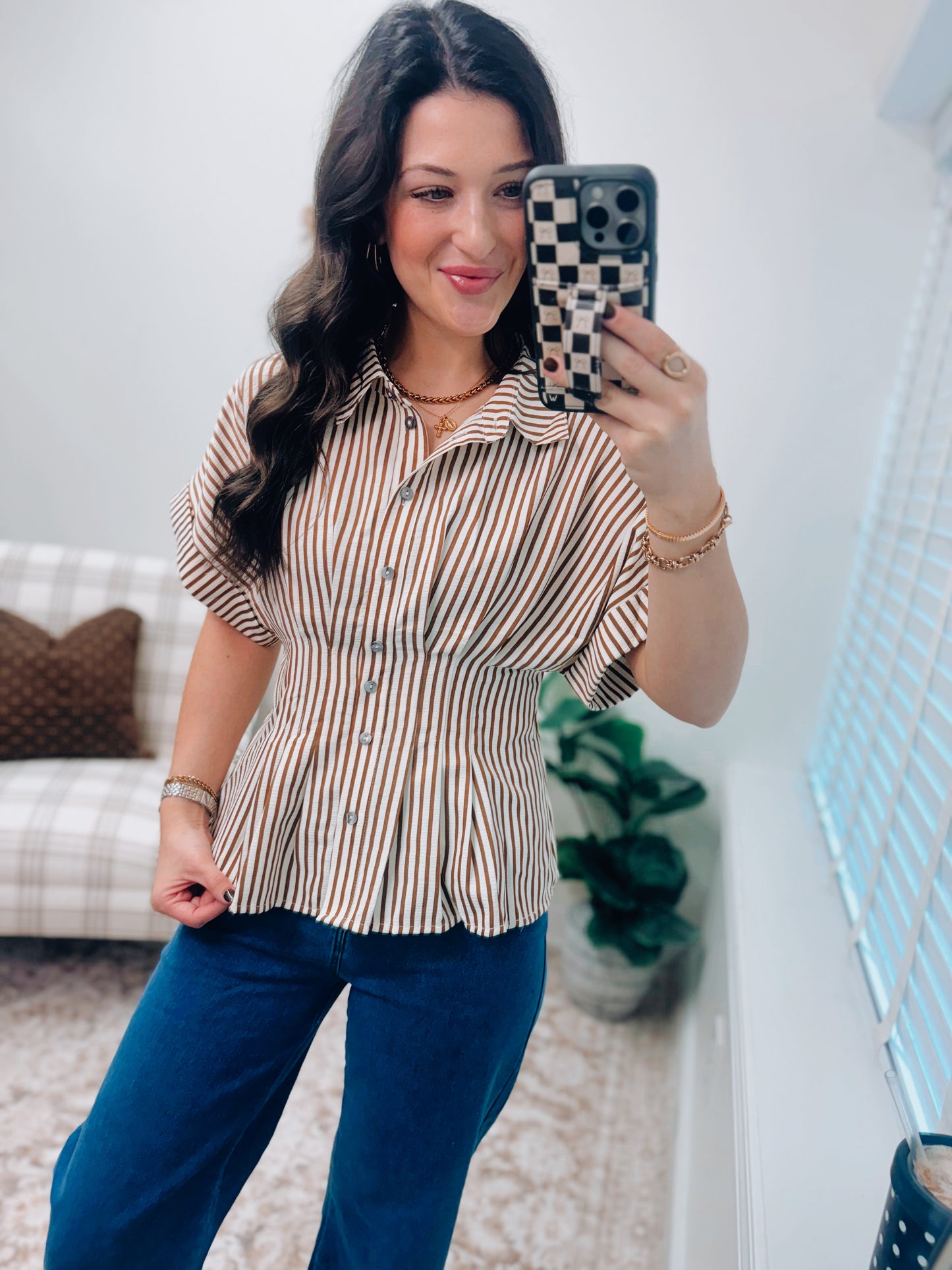 Willow Striped Pleated Button Top - Brown