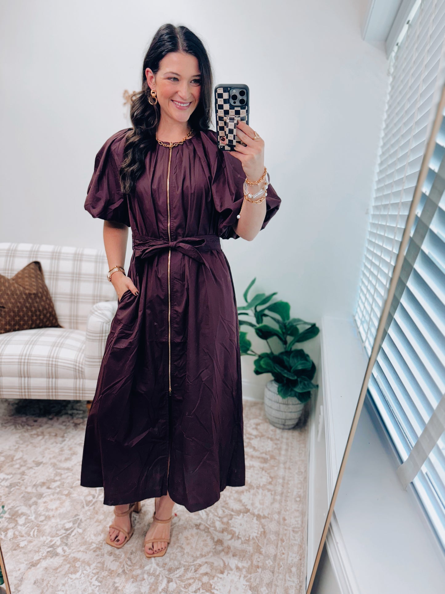 Hattie Maroon Gold Zip Midi Dress