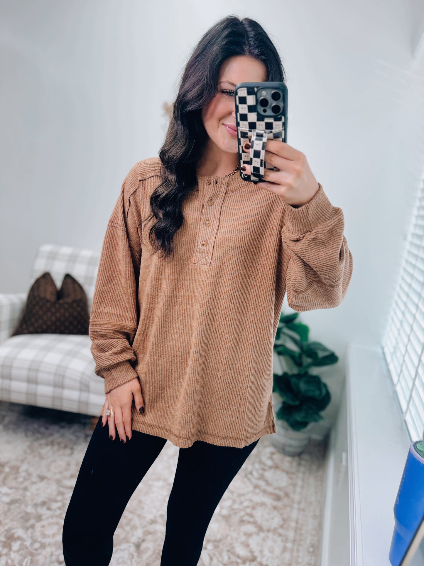 DOORBUSTER Button Brushed Ribbed Sweater - Camel