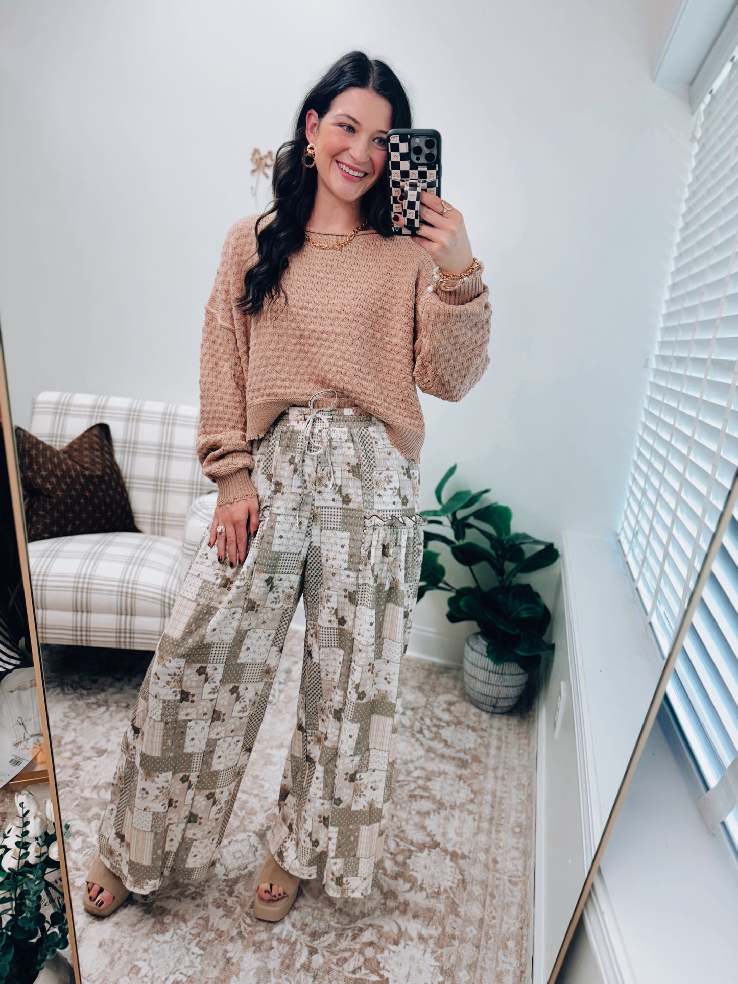 Autumn Patchwork Textured Wide Leg Pants - Olive
