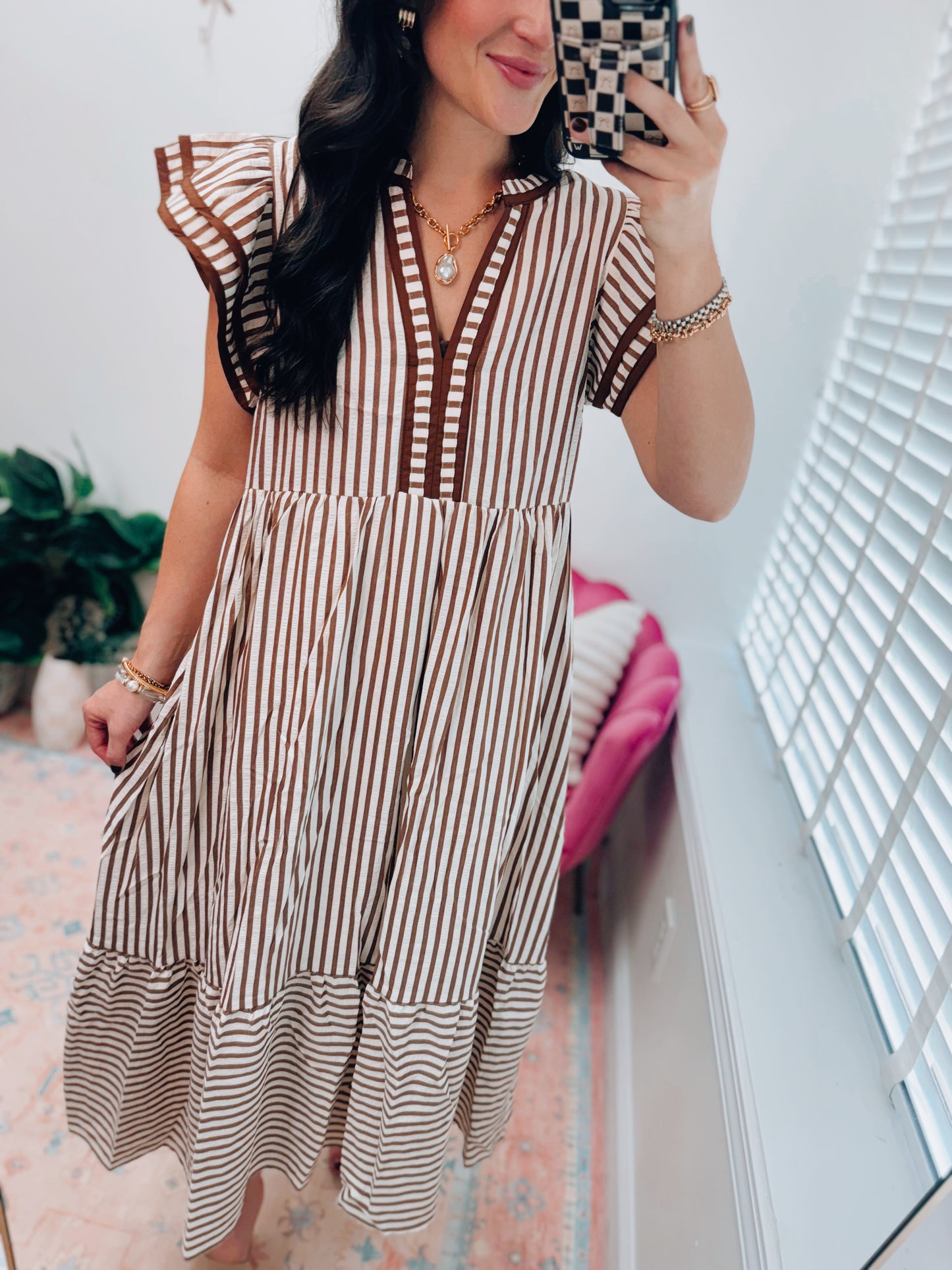 Sienna Striped Ruffle Midi Dress - Brown
